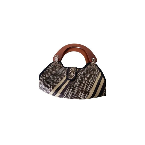 Vintage Woven Straw Handbag With Wooden Handles boho - Picture 5 of 10
